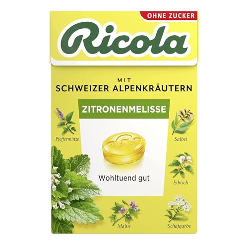 Ricola Zitronenmelisse, 50g Böxli original Schweizer Kräuter-Bonbons mit 13 Alpenkräutern & fruchtig-frischer Zitrone, zuckerfrei, 1 x 50g, vegan von Ricola