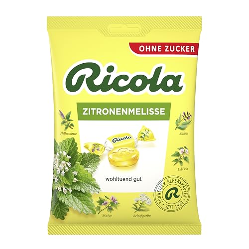 Ricola Zitronenmelisse 75g Beutel, Schweizer Kräuter-Bonbons mit 13 Alpenkräutern & erfrischendem Zitronen-Geschmack, zuckerfrei, 1 x 75g, vegan von Ricola