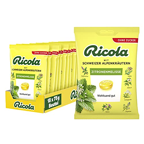 Ricola Zitronenmelisse, Schweizer Kräuterbonbon, 18 x 75g Beutel, ohne Zucker, Wohltuend und erfrischender Genuss von Ricola