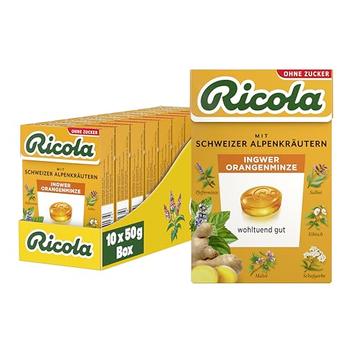 Ricola Ingwer Orangenminze, 10 Böxli Original Schweizer Kräuter-Bonbons mit 13 Alpenkräutern & erfrischendem Ingwer, zuckerfrei, 10 x 50g, vegan von Ricola