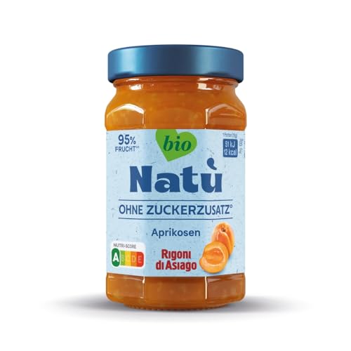 Rigoni di Asiago, Natù Bio-Marmelade ohne Zucker-Zusatz (1x240g), Fruchtaufstrich ohne Zuckerzusatz – 95% Fruchtanteil, kalorienarm, Nutri-Score A, mit Erythrit gesüßt (6 x 240g, Aprikose BIO) von Rigoni di Asiago