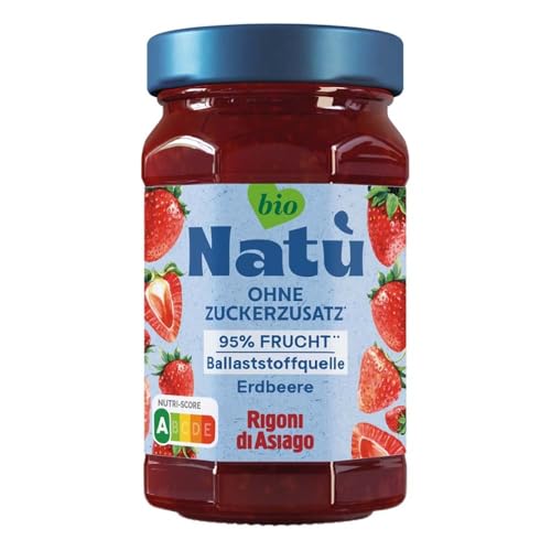 Rigoni di Asiago, Natù Bio-Marmelade ohne Zucker-Zusatz (1x240g), Fruchtaufstrich ohne Zuckerzusatz – 95% Fruchtanteil, kalorienarm, Nutri-Score A, mit Erythrit gesüßt (6 x 240g, Erdbeere BIO) von Rigoni di Asiago