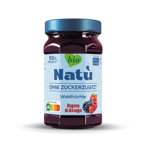 Rigoni di Asiago, Natù Bio-Marmelade ohne Zucker-Zusatz (1x240g), Fruchtaufstrich ohne Zuckerzusatz – 95% Fruchtanteil, kalorienarm, Nutri-Score A, mit Erythrit gesüßt (6 x 240g, Waldfrüchte BIO) von Rigoni di Asiago