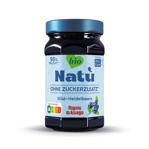 Rigoni di Asiago, Natù Bio-Marmelade ohne Zucker-Zusatz (1x240g), Fruchtaufstrich ohne Zuckerzusatz – 95% Fruchtanteil, kalorienarm, Nutri-Score A, mit Erythrit gesüßt (6 x 240g, Wildheidelbeere BIO) von Rigoni di Asiago