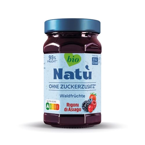 Rigoni di Asiago, Natù Bio-Marmelade ohne Zucker-Zusatz (1x240g), Fruchtaufstrich ohne Zuckerzusatz – 95% Fruchtanteil, kalorienarm, Nutri-Score A, mit Erythrit gesüßt (1 x 240g, Waldfrüchte BIO) von Rigoni di Asiago