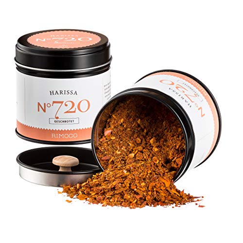 Rimoco N°720 Bio Harissa Gewürzmischung - Traditionell, feurige, nordafrikanische Würzmischung | Schärfegrad: 3 von 5 | Bio Anbau (DE-ÖKO-007) | 55g in eleganter Gewürzdose mit Aromadeckel von Rimoco