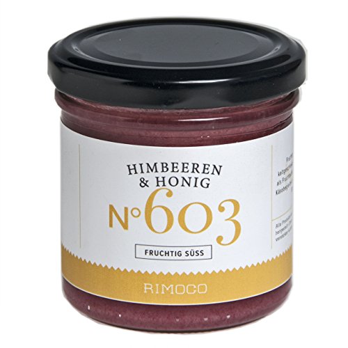 Feinste Himbeeren mit Honig N°603 - bester Honig aus Deutschland, fruchtig süß, cremig, mit getrockneten und gemahlenen Himbeeren, Inhalt: 160g von Rimoco