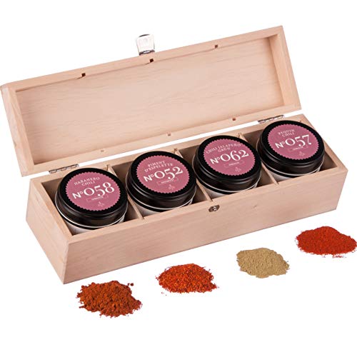 Rimoco Premium Chili Geschenkset - N°052 Bio Piment d'Especial 70g | N°062 Chili Jalapeno grün 45g | N°058 Bio Chili Habanero 60g | N°057 Chili Pequin 55g | in edler Holz Geschenkbox von Rimoco