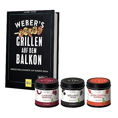 Rimoco Geschenkset Weber's Grillen auf dem Balkon + Bio Grill Gewürze Set - das ultimative Geschenk für Männer - Weber Kochbuch, 3x leckere Grillgewürze und 2x Rezeptkarten von Rimoco
