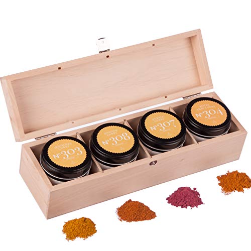 Rimoco Curry Geschenkset - N°303 Bio Indisches Curry 65g | N°304 Bio Rotes Thai Curry 60g | N°307 Bio Purple Curry 70g | N°308 Bio Dragon Curry 60g | in edler Holz Geschenkbox von Rimoco