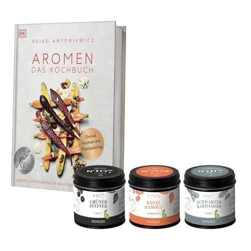 Rimoco Geschenkset "Aromen" - Set Inhalt: Aromen das Kochbuch, Grüner Pfeffer 35g, Ras el Hanout 60g, Schwarzer Kardamom 40g von Rimoco