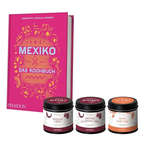 Rimoco Geschenkset "Mexiko" - Set Inhalt: Mexiko Kochbuch, Chili Pequin gemahlen 55g, Grünes Chili Jalapeño gemahlen 45g, Oregano 20g, Mole Poblano 55g, Koriandersamen 40g, Kardamom gemahlen 45g von Rimoco