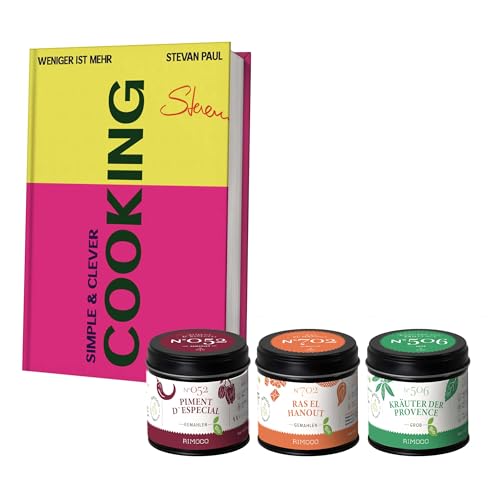 Rimoco Geschenkset "Simple & Clever Cooking" - Inhalt: Simple & Clever Kochbuch, Piment d´Especial 70g, Kräuter der Provence 35g, Ras el Hanout 50g von Rimoco