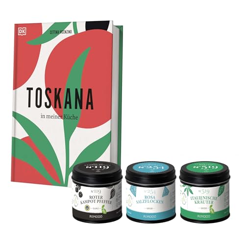 Rimoco Geschenkset "Toskana" - Inhalt: Toskana Kochbuch, Kampot Pfeffer rot 80g, Rosa Salzflocken 50g, Italienische Kräuter 25g von Rimoco