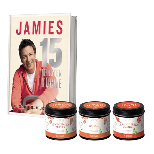 Rimoco Gewürze Geschenkset aus 3 Bio Gewürzen + Jamie Oliver Kochbuch "15 MINUTEN KÜCHE" - Gewürz Set bestehend aus Bio 5 Gewürz Pulver 50g, Bio Harissa Gewürz 55g und Bio geräuchtes Paprikapulver 70g von Rimoco