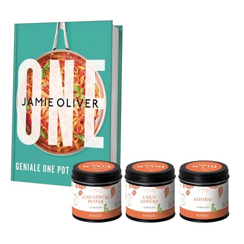Rimoco Gewürze Geschenkset aus 3 Bio Gewürzen + Jamie Oliver Kochbuch "ONE" - Gewürz Set bestehend aus Bio 5 Gewürz Pulver 50g, Bio Cajun Gewürz 65g und Bio Baharat 60g von Rimoco