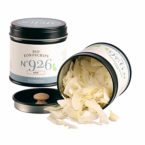 Rimoco N°926 Bio Kokoschips ganz - fruchtig aromatischen Kokos Chips als gesunde Alternative zu fettigem Knabberkram | Bio Anbau (DE-ÖKO-007) | 35g in eleganter Gewürzdose mit Aromadeckel von Rimoco