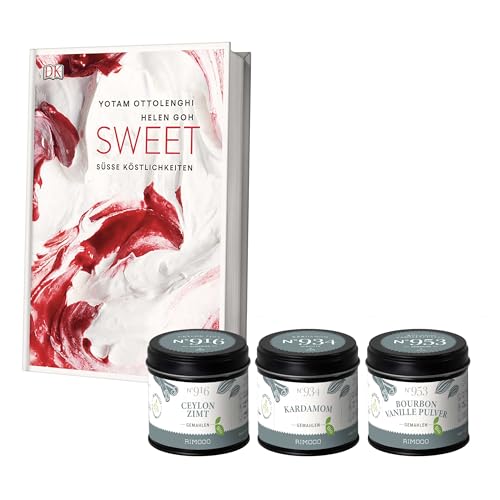 Rimoco Ottolenghi Geschenkset "Sweet" - Set Inhalt: Ottolenghi Sweet Backbuch, Tonkabohnen 70g, Muscovado Zucker 100g, Kardamom gemahlen 45g, Ceylon Zimt 50g, Ingwer 45g, Bourbon Vanillepulver 15g von Rimoco