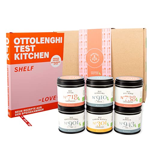 Rimoco Ottolenghi Geschenkset "TEST KITCHEN: SHELF LOVE" - Set Inhalt: Test Kitchen Kochbuch, Garam Masala 65g, Zatar 50g, Pul Biber 70g, Kreuzkümmel (Cumin) ganz 60g, Kurkuma 60g, Bio Sumach 60g von Rimoco