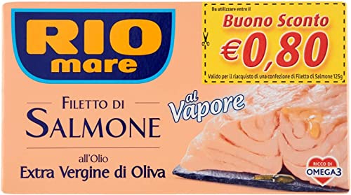 6x Rio Mare Filetto di Salmone cotto al vapore all'Olio Extra Vergine di Oliva Gedämpftes Lachsfilet mit nativem Olivenöl extra 125g reich an Omega 3 von Rio Mare