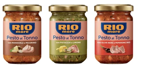 TESTPAKET Rio Mare Pesto al Tonno Thunfischpesto mit Mandeln und Pecorino - mit Pistazien und Zitrone - mit schwarzen Oliven und Chili ( 3 X 130G ) von Rio Mare