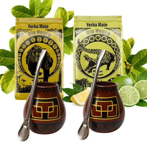 Argentinien yerba mate-tee set ● Mate Tee Rio Negro 400g ● Mate-Tee Rio Negro Bitter Lemon 400g mit Zitron ● Keramik mate becher kalebasse mate tasse Peru 350ml ● Edeltahl trinkhalm stohhalm Bombilla von Rio Negro