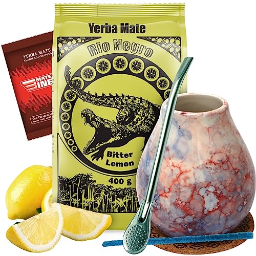 Yerba Mate Tee ARGENTINIEN Starter Set | Mate-Tee Rio Negro mit Zitronengeschmack und Paraguya Clasic Mate tee | Keramik Mate-Tee becher Caleidoscope tee tasse | Yerba Mate-Tee loose leaf 450g von Rio Negro