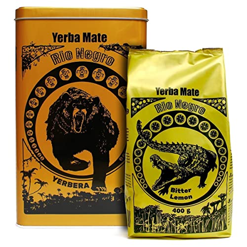 Yerba Mate Tee Rio Negro Bitter lemon Set | Yerbera Stahlbox Rio Negro | Yerba Mate Rio Negro Bitter Lemon 400g Despalada | Yerba Mate Loose Leaf | Yerba Mate Sin Palo von Rio Negro