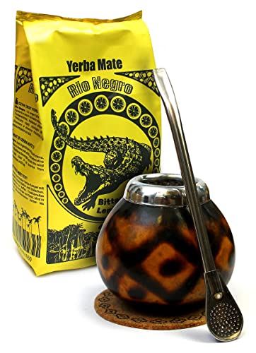 Yerba Mate Tee Rio Negro Set ● Mate-Tee Rio Negro Bitter Lemon 400g ● Kalebasse Diamante ● Naturkalebasse ● Zubehör - Bombilla - Trinkhalm Liza 19cm, korkpad ● Nature Mate Tee Becher von Rio Negro