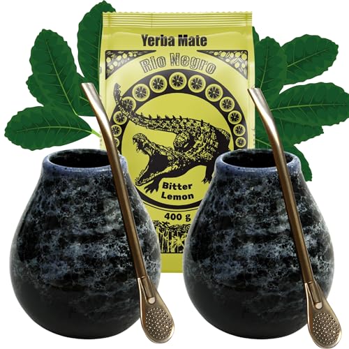 Yerba Mate-Tee Set FOR TWO Rio Negro Bitter Lemon 400g ● Argentinischer Yerba Mate mit Zitrone ● Keramik mate becher Marmol 350ml ● Keramik mate Kalebasse ● Edelstahl Trinkhalm Bombilla 19cm Yerba Mate-Tee Set FOR TWO Rio Negro Bitter Lemon 400g ● Argentinischer Yerba Mate mit Zitrone ● Keramik mate becher Marmol 350ml ● Keramik mate Kalebasse ● Edelstahl Trinkhalm Bombilla 19cm von Rio Negro