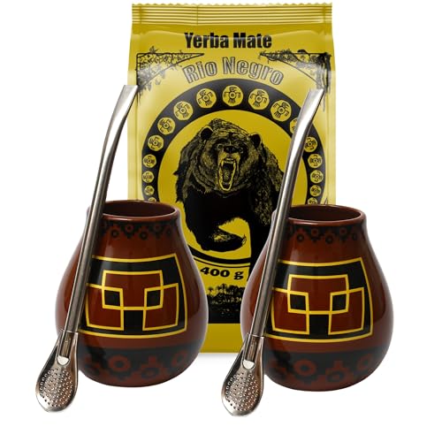 Yerba Mate-Tee Set fur Zwei mit Yerba Mate Rio Negro 400g ● Argentinien Yerba Mate Tee ● Keramik mate tasse Peru 350 ml ● Edelstahl Trinkhalm Bombilla 19cm von Rio Negro