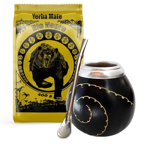 Yerba Mate-Tee Set mit Rio Negro 400g ● Argentinischer Yerba Mate Tee ● Natürliche Mate-Kalebasse Schwarz ● Edelstahl Trinkhalm Bombilla 15cm Yerba Mate-Tee Set mit Rio Negro 400g ● Argentinischer Yerba Mate Tee ● Natürliche Mate-Kalebasse Schwarz ● Edelstahl Trinkhalm Bombilla 15cm von Rio Negro