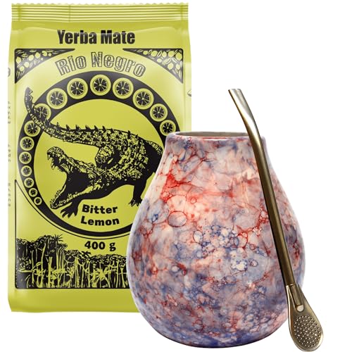 Yerba Mate-Tee Set mit Rio Negro Bitter Lemon 400g ● Argentinischer Yerba Mate Tee mit Zitrone ● Keramik mate becher Caleidoscope 350ml ● Keramik mate Kalebasse ● Edelstahl Trinkhalm Bombilla 19cm Yerba Mate-Tee Set mit Rio Negro Bitter Lemon 400g ● Argentinischer Yerba Mate Tee mit Zitrone ● Keramik mate becher Caleidoscope 350ml ● Keramik mate Kalebasse ● Edelstahl Trinkhalm Bombilla 19cm von Rio Negro
