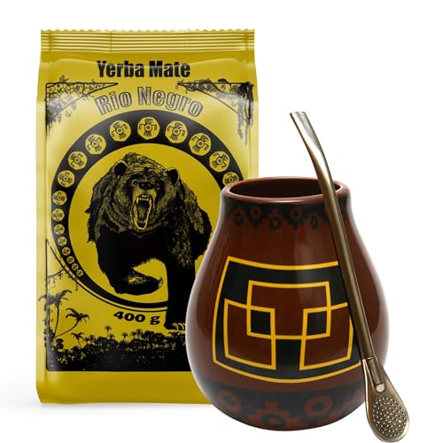 Yerba Mate-Tee Set mit Yerba Mate Rio Negro 400g ● Argentinien Yerba Mate Tee ● Keramik mate kalebasse tee tasse Peru 350ml ● Edelstahl Trinkhalm Bombilla 19cm von Rio Negro