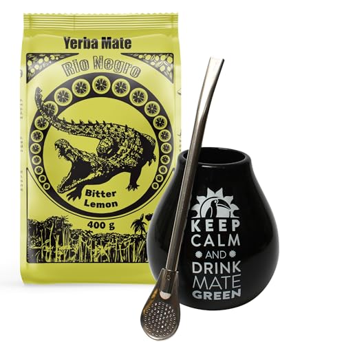 Yerba Mate-Tee Set mit Yerba Mate Rio Negro Bitter Lemon 400g ● Argentinien Yerba Mate Tee mit Zitrone ● Edelstahl Thermobecher Schwarz 230 ml ● Edelstahl Trinkhalm Bombilla 19cm Yerba Mate-Tee Set mit Yerba Mate Rio Negro Bitter Lemon 400g ● Argentinien Yerba Mate Tee mit Zitrone ● Edelstahl Thermobecher Schwarz 230 ml ● Edelstahl Trinkhalm Bombilla 19cm von Rio Negro
