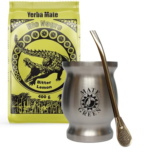 Yerba Mate-Tee Set mit Yerba Mate Rio Negro Bitter Lemon 400g ● Argentinien Yerba Mate Tee mit Zitrone ● Edelstahl Thermobecher Silver 230 ml ● Edelstahl Trinkhalm Bombilla 19cm Yerba Mate-Tee Set mit Yerba Mate Rio Negro Bitter Lemon 400g ● Argentinien Yerba Mate Tee mit Zitrone ● Edelstahl Thermobecher Silver 230 ml ● Edelstahl Trinkhalm Bombilla 19cm von Rio Negro