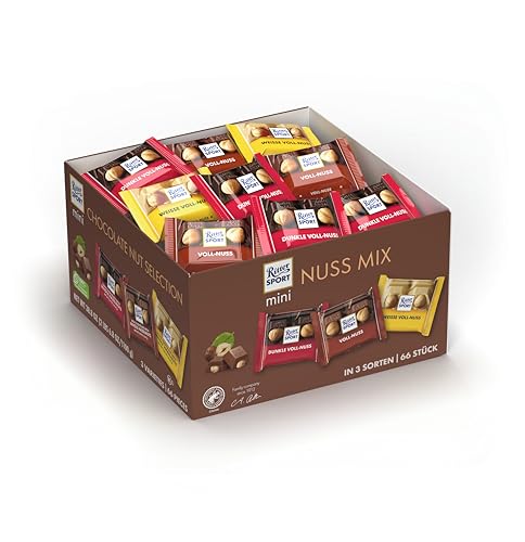 Ritter Sport mini Nuss Mix Thekendisplay, 1,1 kg, weiße, dunkle & Vollmilchschokolade, Schokolade mit ganzen Haselnüssen, knackige Tafelschokolade, Großpackung von Ritter Sport