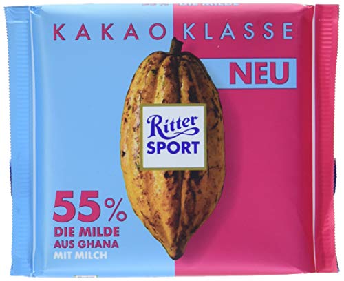 Ritter Sport Kakao-Klasse: Die Milde 55 % aus Ghana (12 x 100 g), dunkle Milchschokolade mit edlem Kakao aus Ghana, mit einem Hauch Vollmilch, Kakaogehalt: mind. 55 % von Ritter Sport