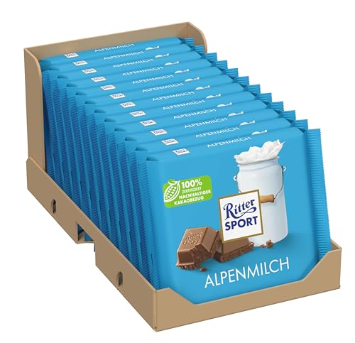 Ritter Sport Alpenmilch, Vollmilchschokolade mit feiner Honig- & Karamellnote, Schokoladen-Klassiker zum Teilen mit Freunden, 12 x 100g Tafeln von Ritter Sport