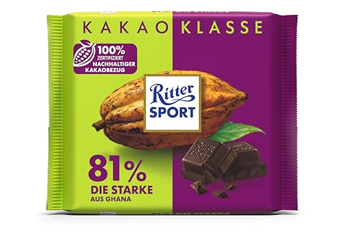 Ritter Sport Die Starke 81% aus Ghana 100 g, pure Edel-Bitterschokolade aus hochwertigem Kakao, dunkle Tafel Schokolade mit kräftigem Kakaogeschmack, Geschenkidee von Ritter Sport