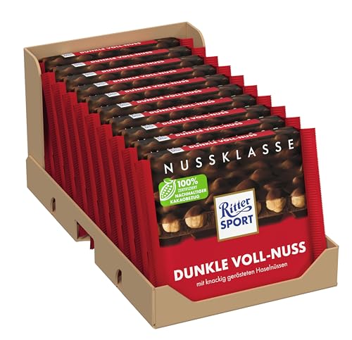 Ritter Sport Dunkle Voll-Nuss (10 x 100 g), ganze Haselnüsse in einer dunklen Tafelschokolade, Halbbitterschokolade, mit mindestens 50% Kakaoanteil von Ritter Sport