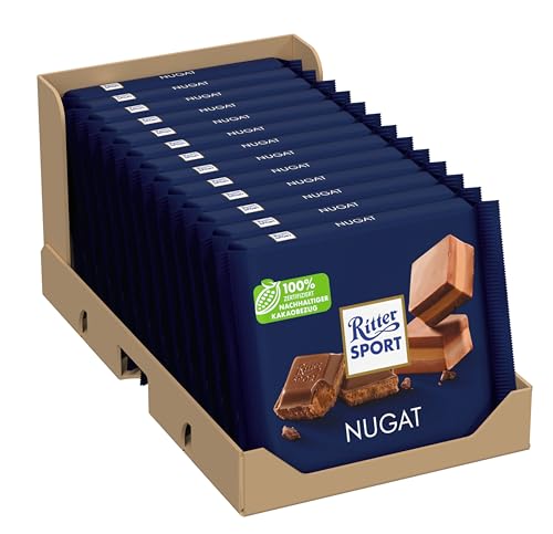 Ritter Sport Nugat, Tafelschokolade mit cremig-feinem Edelnugat aus goldbraun gerösteten Haselnüssen mit feiner Vollmilchschokolade, perfekt zum Naschen, 13 x 100g von Ritter Sport