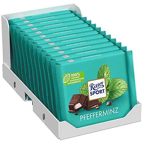 Ritter Sport Pfefferminz (12 x 100 g), Halbbitter-Schokolade mit Pfefferminze gefüllt, besonders erfrischender Geschmack, Pfefferminzschokolade von Ritter Sport