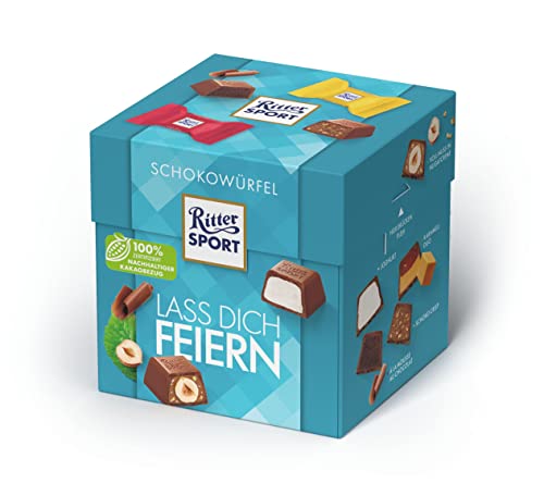 Ritter Sport Schokowürfel Lass dich feiern, Joghurt, Schoko Crisp, Mousse au Chocolat, Voll-Nuss in Nugatcreme, Karamell Duo, geeignet für Muttertag und Vatertag, Geschenkidee, 1 Box, 176 g Ritter Sport Schokowürfel Lass dich feiern, Joghurt, Schoko Crisp, Mousse au Chocolat, Voll-Nuss in Nugatcreme, Karamell Duo, geeignet für Muttertag und Vatertag, Geschenkidee, 1 Box, 176 g von Ritter Sport