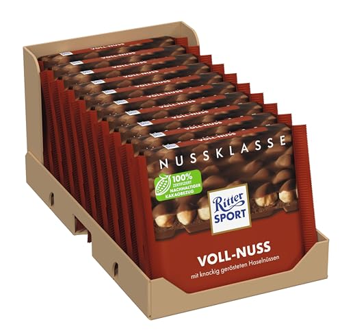 Ritter Sport Voll-Nuss, Vollmilchschokolade mit knackigen, ganzen Haselnüssen, Nuss-Schokoladentafel aus hochwertigem Kakao, perfekt zum Naschen, 10 x 100g Ritter Sport Voll-Nuss, Vollmilchschokolade mit knackigen, ganzen Haselnüssen, Nuss-Schokoladentafel aus hochwertigem Kakao, perfekt zum Naschen, 10 x 100g von Ritter Sport