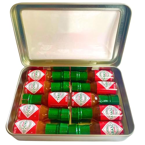 Miniature Tabasco Gift Tin. Ten 1/8 Ounce Mini Bottles of Original Tabasco Pepper Sauce in a Hinged Tin with a Clear See Through Top. Miniature Tabasco Gift Tin. Ten 1/8 Ounce Mini Bottles of Original Tabasco Pepper Sauce in a Hinged Tin with a Clear See Through Top. von River Finn Organics