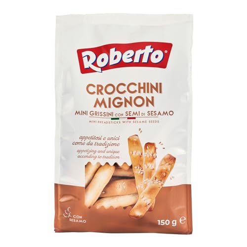 Roberto Crocchini Mignon Sesam Beutel | Mini Crissini Brotstangen mit Sesam-Körner | als Snack, Beilage zu Antipasti, Dessert (1x 150g) von Roberto