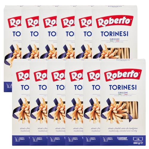 Roberto Grissini Torinesi 12x250g Beutel | ultra-dünne Brotstangen | als Snack, Beilage oder im Büro | auch perfekt zu Käse- oder Salamiplatten von Roberto