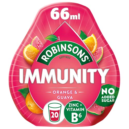 ROBINSONS Immunität Benefit Tropfen mit Vitamin B6 und Zink - Mit echtem Fruchtsaft - Ohne künstliche Farbstoffe - Ohne Zuckerzusatz - Macht 20 Getränke pro Packung, Orange und Guave, 66 ml (Pack of 1) ROBINSONS Immunität Benefit Tropfen mit Vitamin B6 und Zink - Mit echtem Fruchtsaft - Ohne künstliche Farbstoffe - Ohne Zuckerzusatz - Macht 20 Getränke pro Packung, Orange und Guave, 66 ml (Pack of 1) von Robinsons