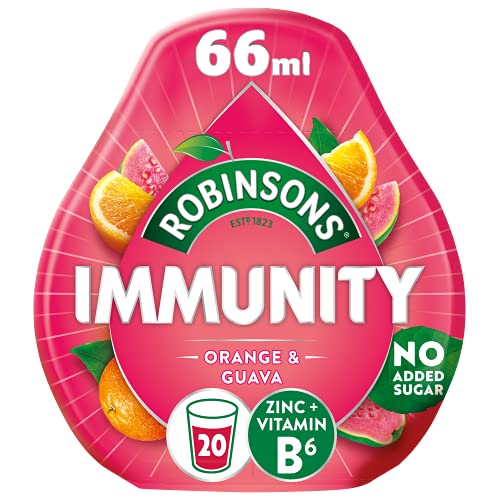 ROBINSONS Immunität Benefit Tropfen mit Vitamin B6 und Zink - Mit echtem Fruchtsaft - Ohne künstliche Farbstoffe - Ohne Zuckerzusatz - Macht 20 Getränke pro Packung, Orange und Guave, 66ml (1 Stück) von Robinsons